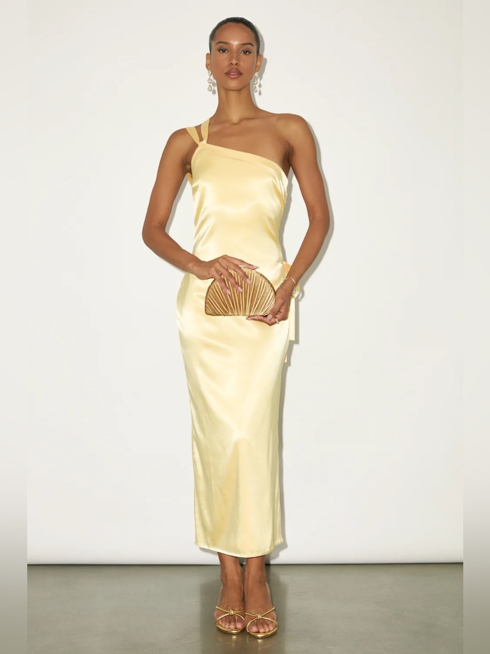 Lulus NWT Yvonne Light Yellow Satin One-Shoulder Midi Dress